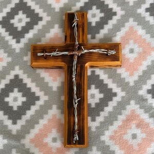 Handmade Wooden Cross with Barbed Wire Accent